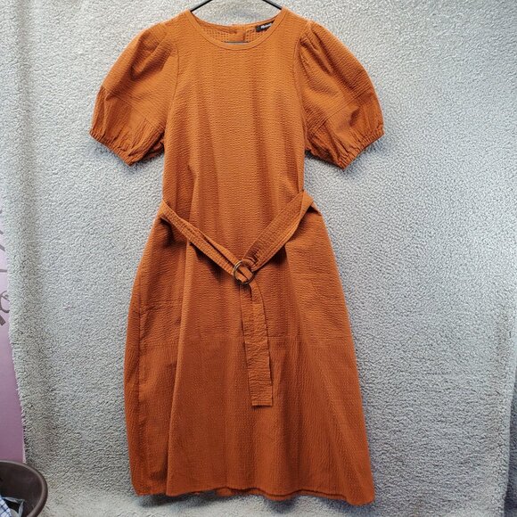 Madewell Seersucker Belted Midi Dress Women’s Large Pockets - Picture 2 of 9